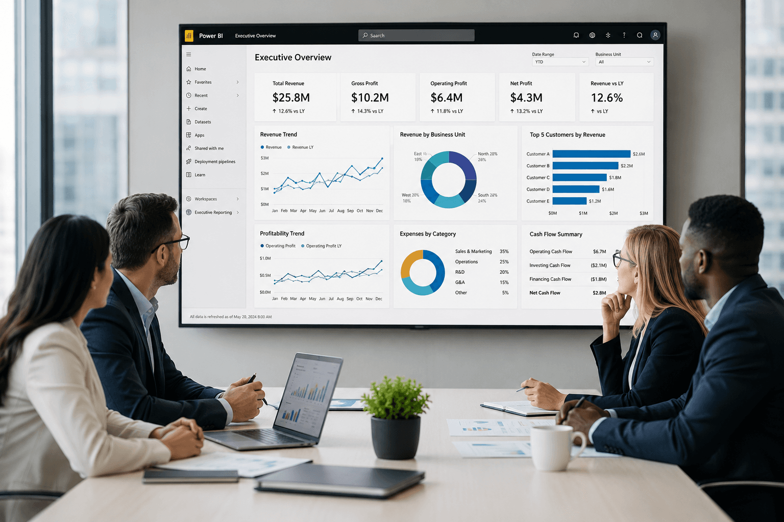 Leadership team reviewing Power BI dashboard